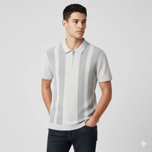 Express Men's Stripe Knit Gray Zip Stretch Short Sleeves Polo Tee Sweater Size L